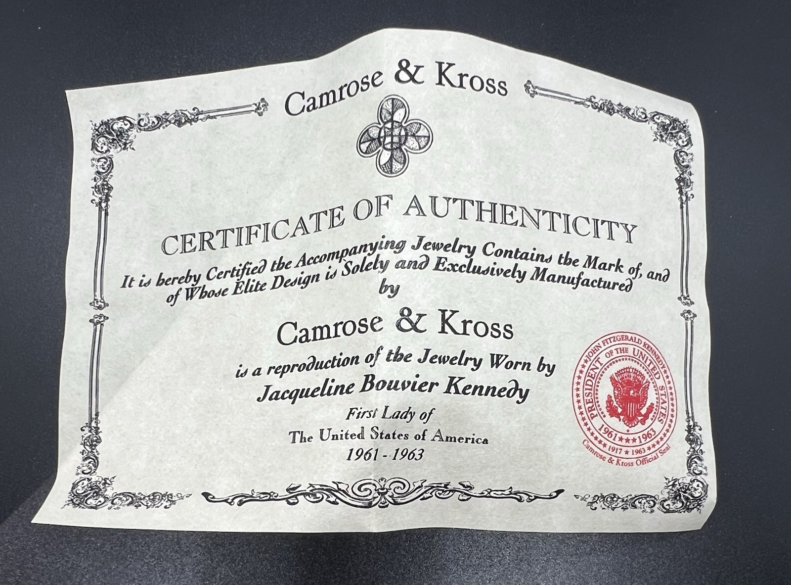 Camrose & Kross Jacqueline Bouvier Kennedy Jewelry Brooch Reproduction COA