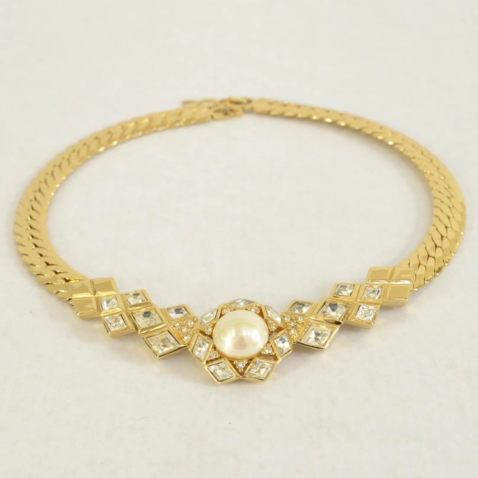 Vintage Christian Dior Pearl Crystal Collar Necklace Signed C Dior 1980s Choker