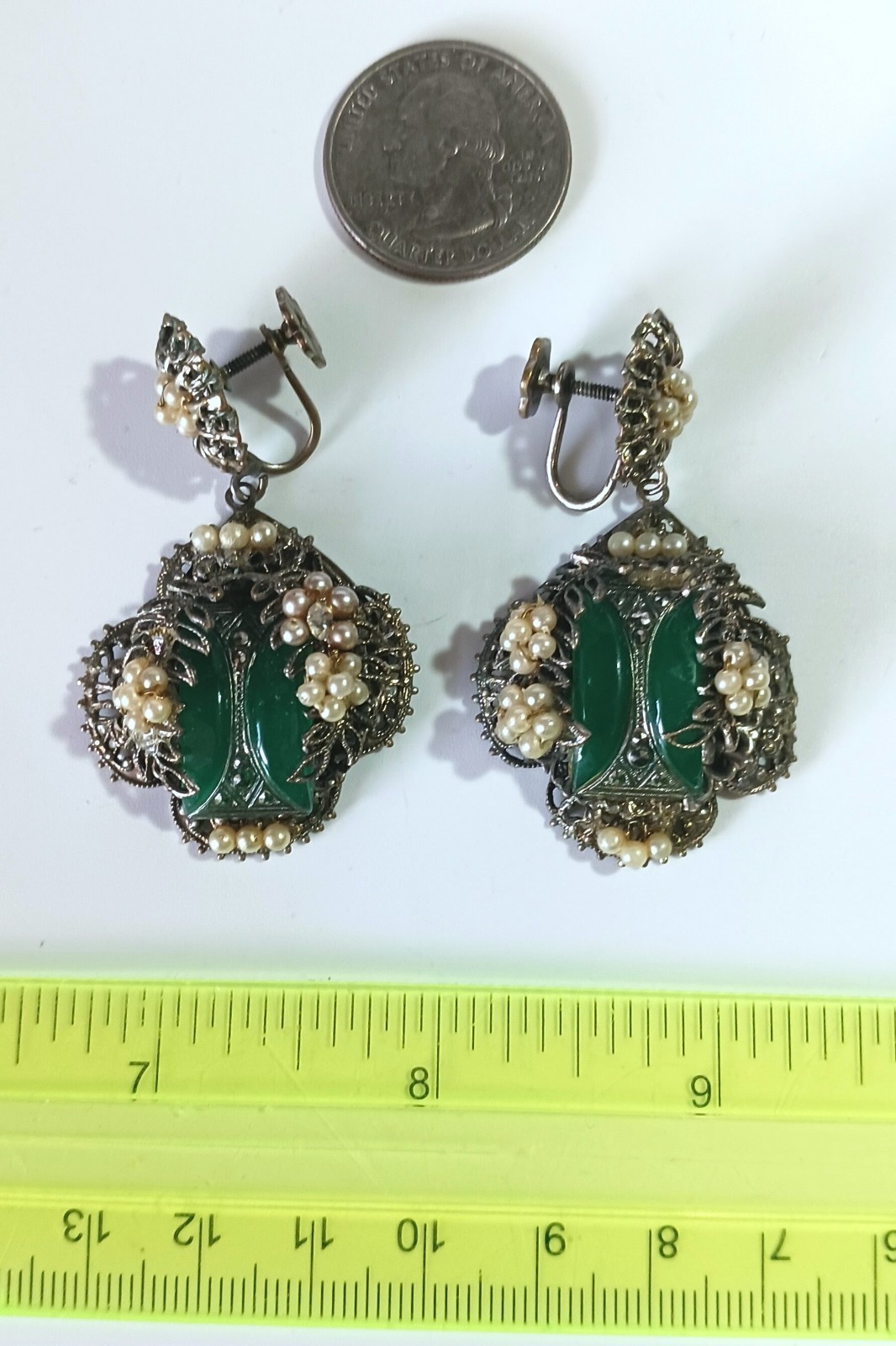 Vtg (Antique?) Screwback Filigree Dangle Earrings: Faux Pearls, Marcasite, Jade?