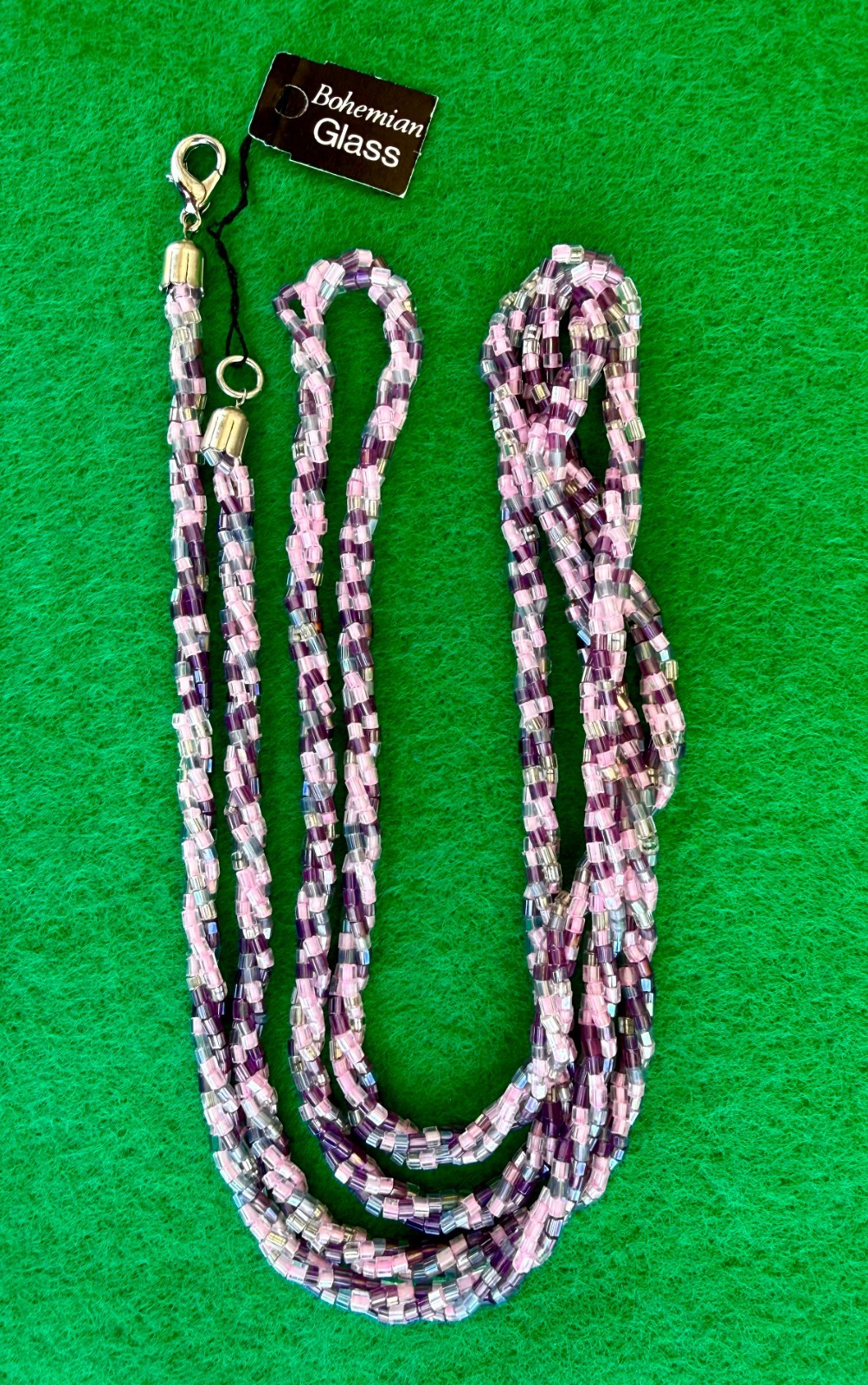 Vintage Czech Bohemian Glass Seed Bead Necklace 48″ Long Pink Purple