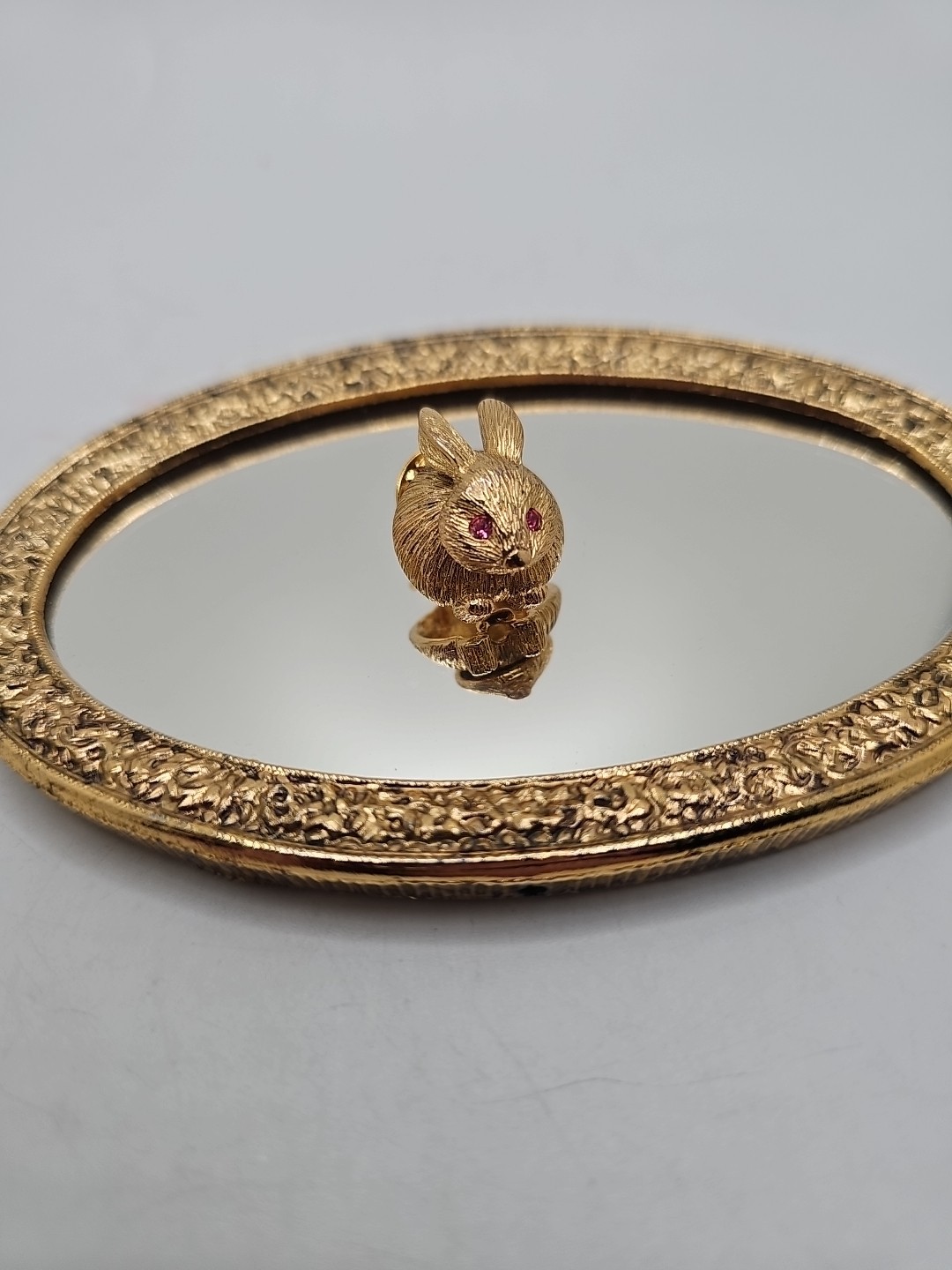 Vintage Signed Gold Crown Bunny Rabbit Lapel Pin Trembler Pink Rhinestone Eye
