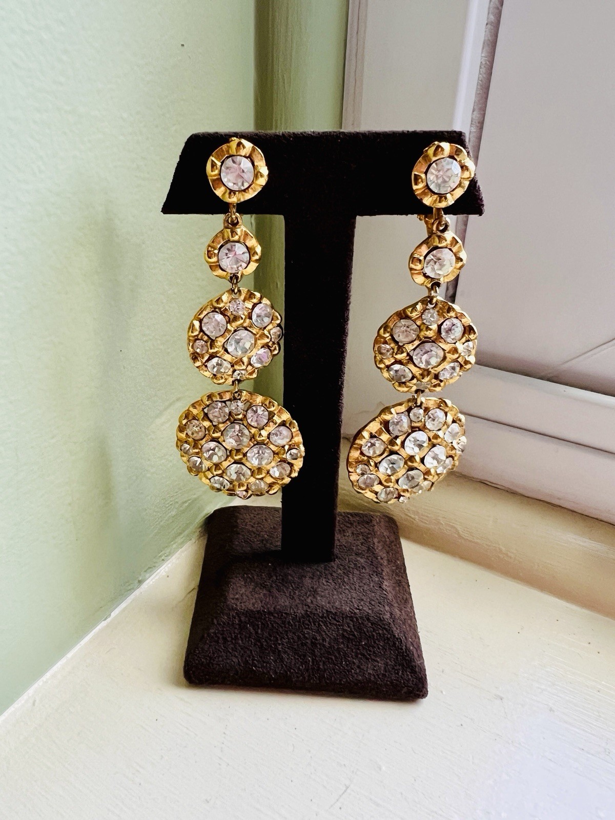 Kramer Gold Tone Rhinestone Drop Clip Earrings Vintage Signed Kramer Statement