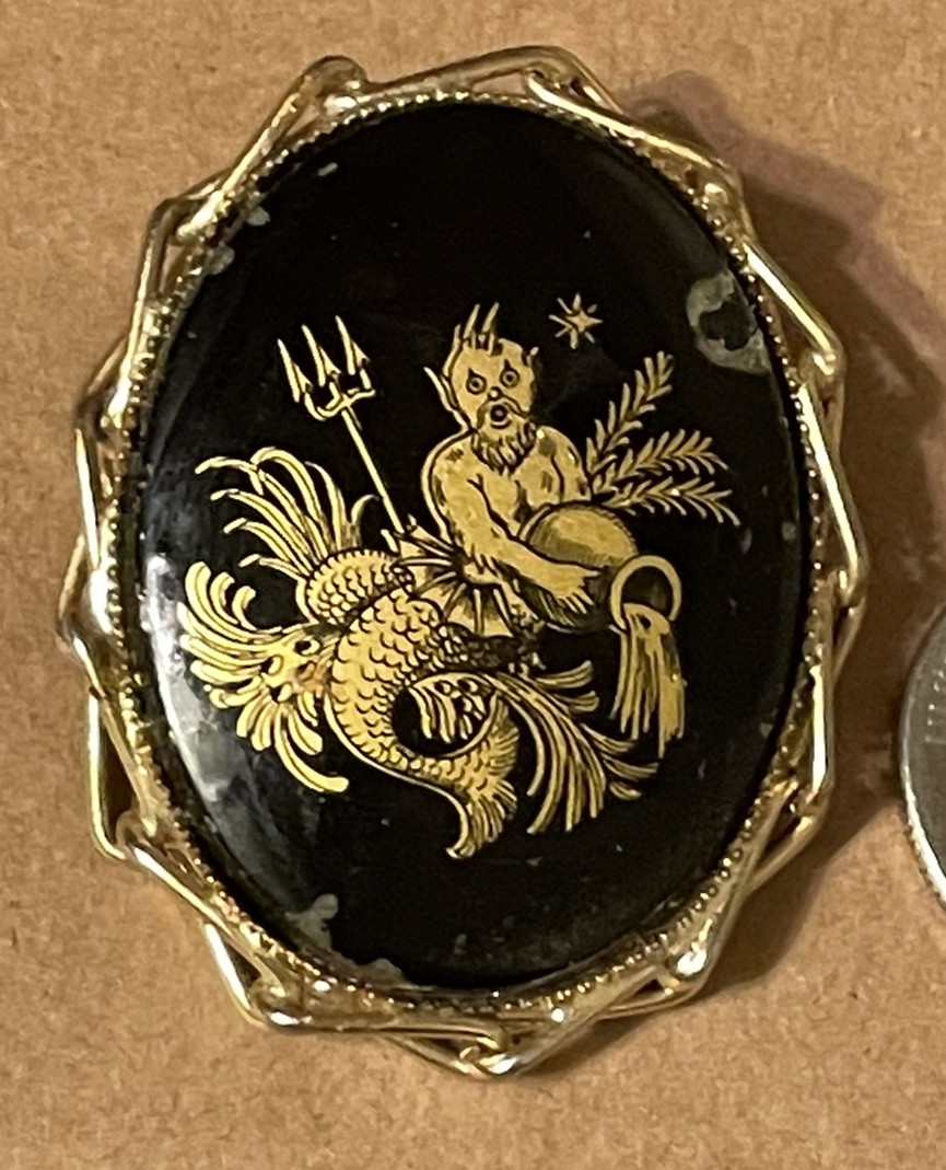 Vintage Merman Devil Neptune Zodiac Aquarius Black & Gold Oval Pendant Brooch