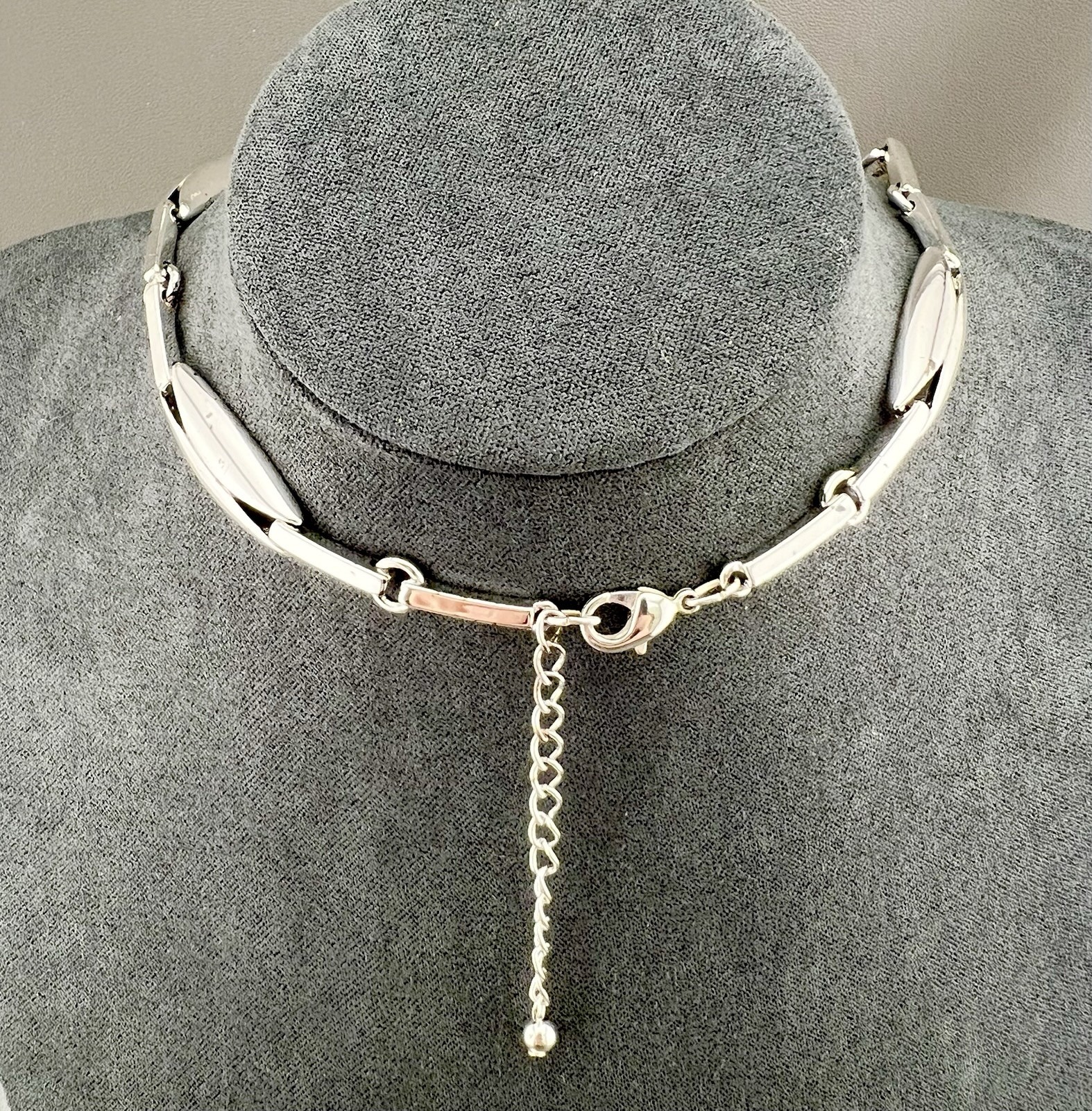 Modernist Necklace Bar Link Polished Silver Tone 17”