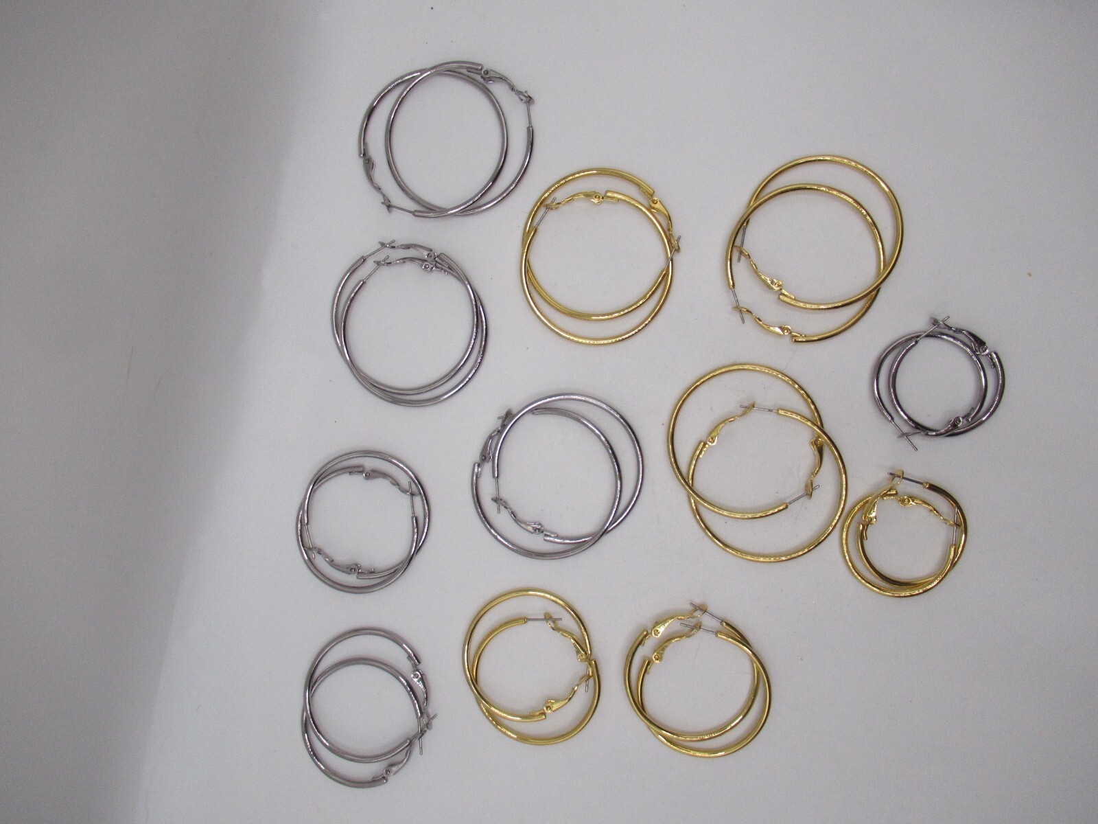 Vintage lot 12 pairs silver and gold plain hoop pierced earrings assorted sizes