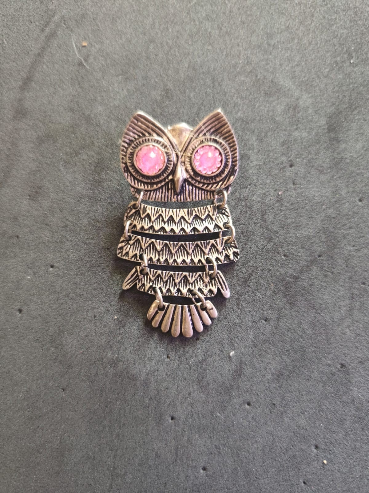 Vintage Articulated Owl Brooch Pink Rhinestone Eyes Silver Tone Dangle Pin
