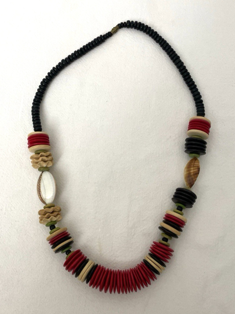 Bead & Shell Necklace African Tribal Style Statement 24″ Artsy Boho Eclectic