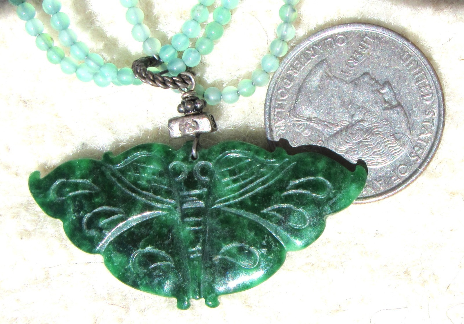 Fine Hand Carved Vintage Chinese Spinach Jade Butterfly Pendant Necklace 17.65gm