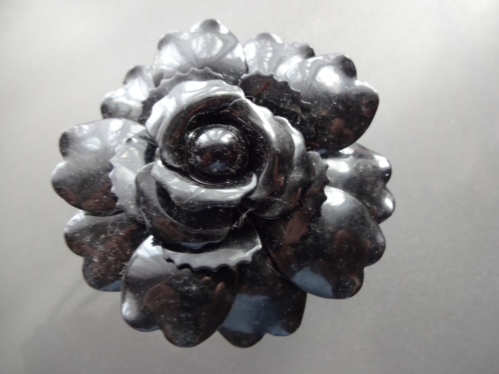 Vtg Chunky Black Enamel Metal Rose Flower Clamper Bracelet Rare Mourning