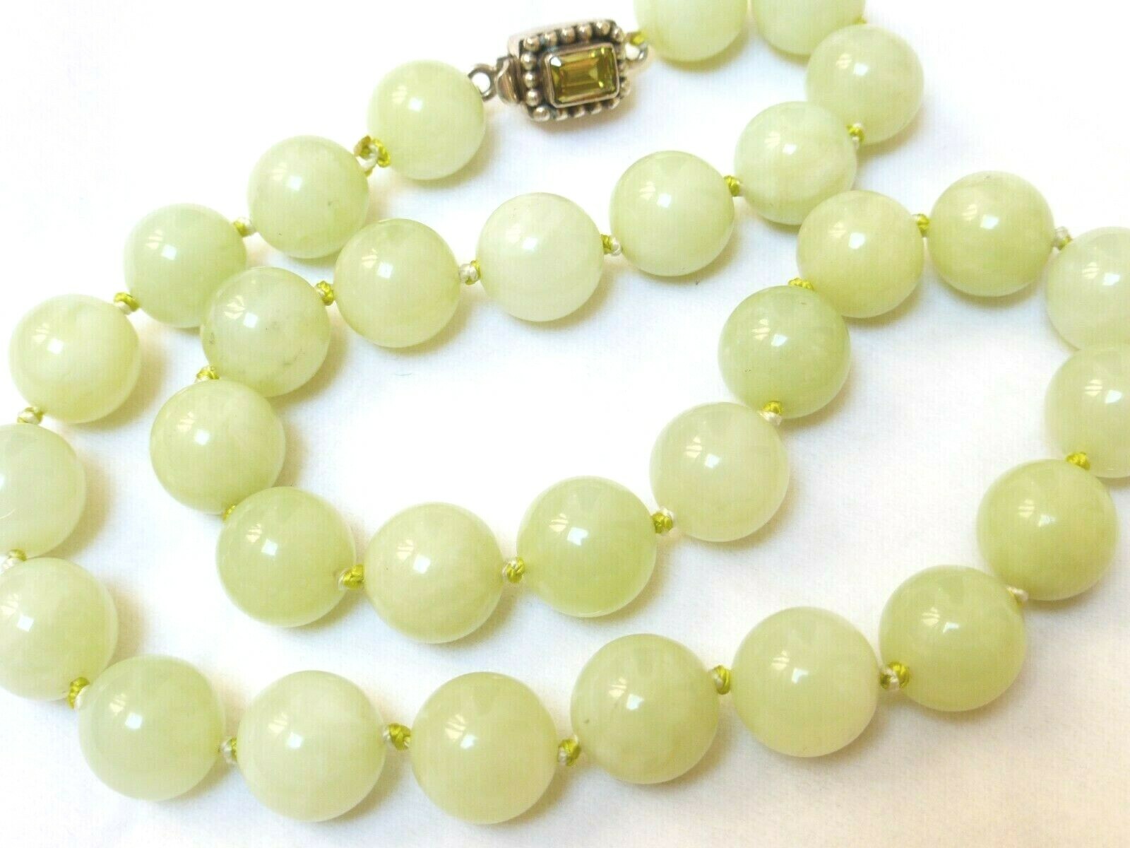 Chinese Green 12mm Jade Beads Necklace, Sterling Clasp,18″