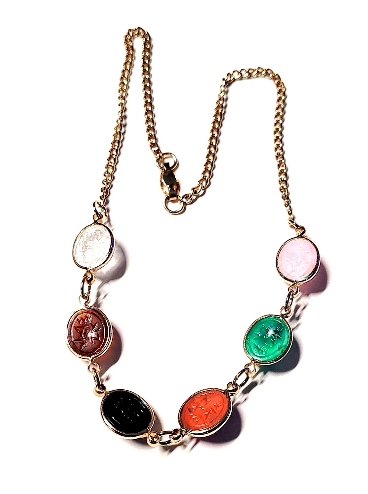 Vintage Gemstone Scarab Choker Necklace Gold Tone 14 1/4″ Long Very Good