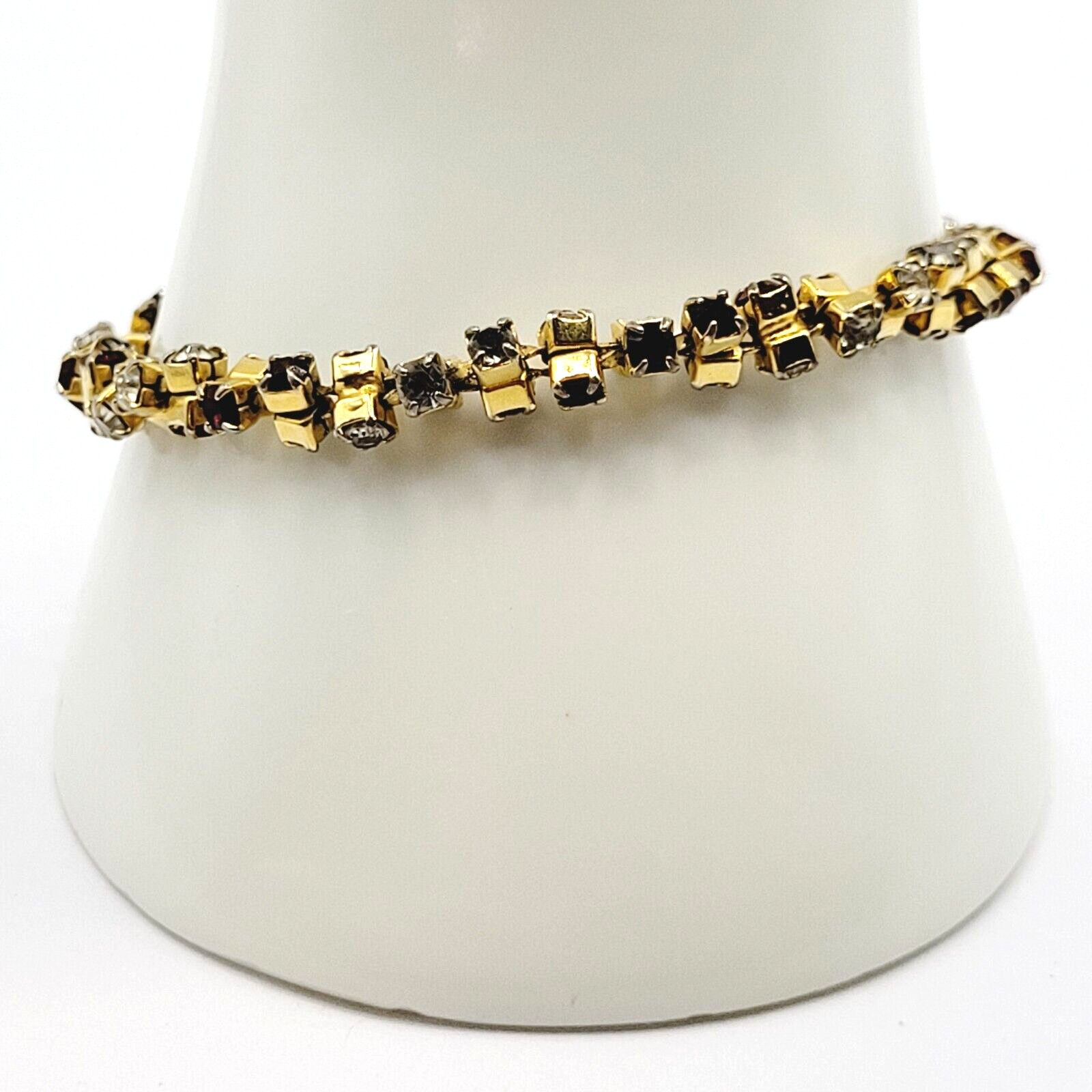 Unique Slightly Brutalist Style Gold Plated Bracelet Red White Rhinestone 7.5 In