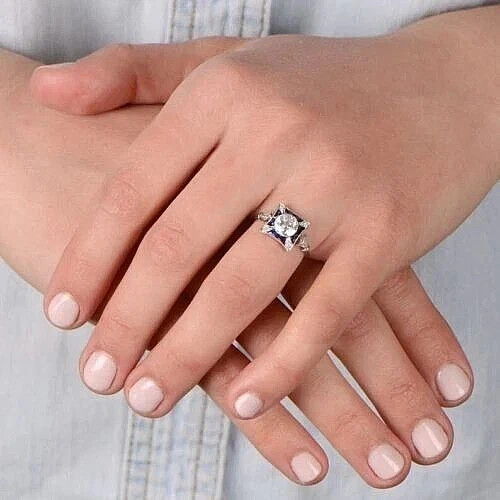 Art Deco Style Lab Created Diamond Engagement & Wedding 14K White Gold FN Ring