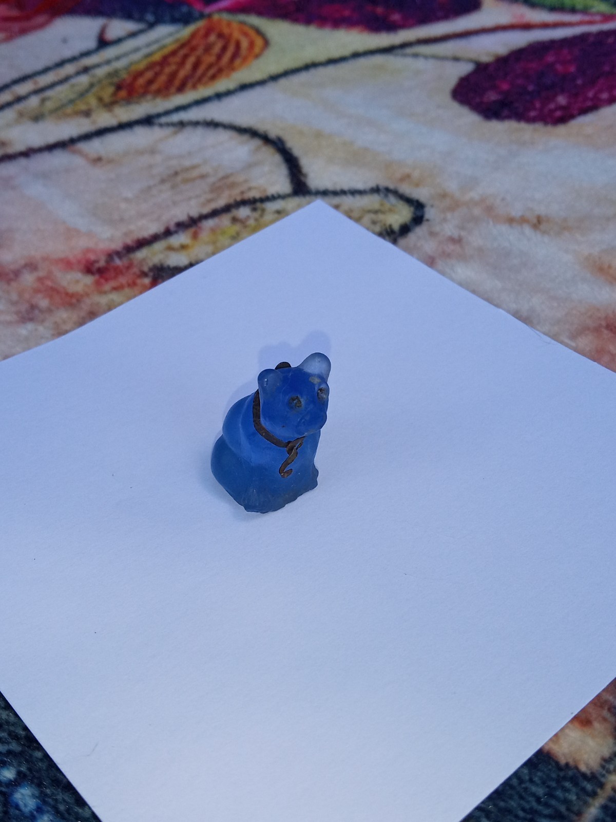 Antique, Vintage Czech Blue Pug, Bulldog Cracker Jack Glass Charm, Prize, 1″