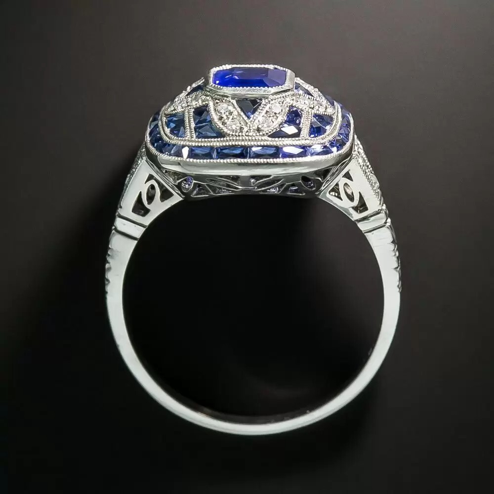 Art Deco Emerald Cut Sapphire & Lab Created Diamond 925 Silver Anniversary Ring