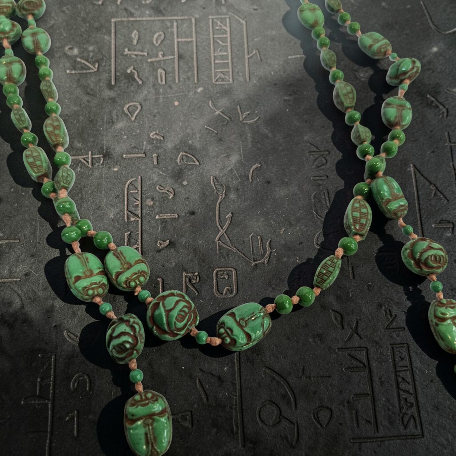 Antique Neiger Brothers 1920s Art Deco Egyptian Revival Czech Scarab Necklace