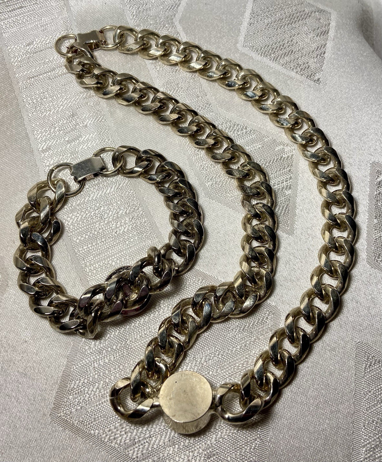 Vintage Curb Link Chain W/Crystal Center Stone Statment Necklace & Bracelet Set
