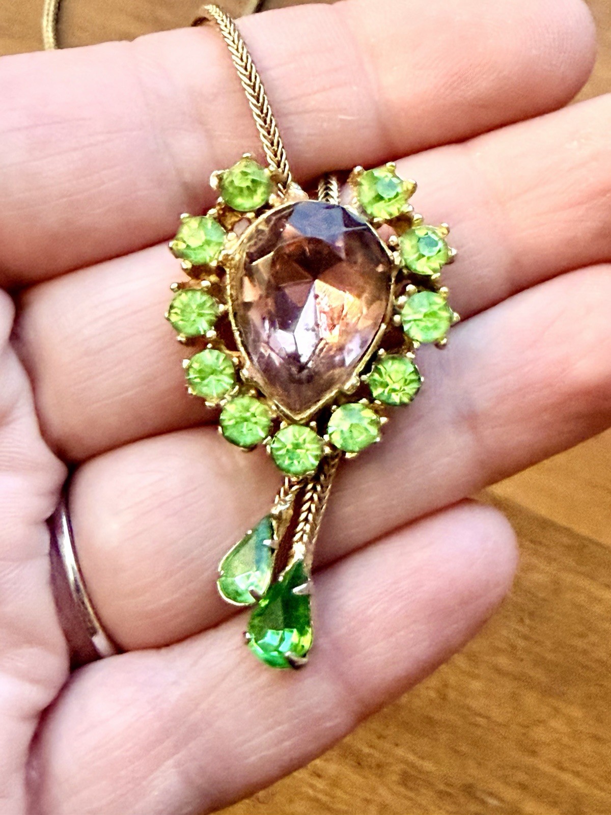 Vtg Estate MCM Purple And Neon Green Glass Stone Teardrop Pendant Bolo Necklace