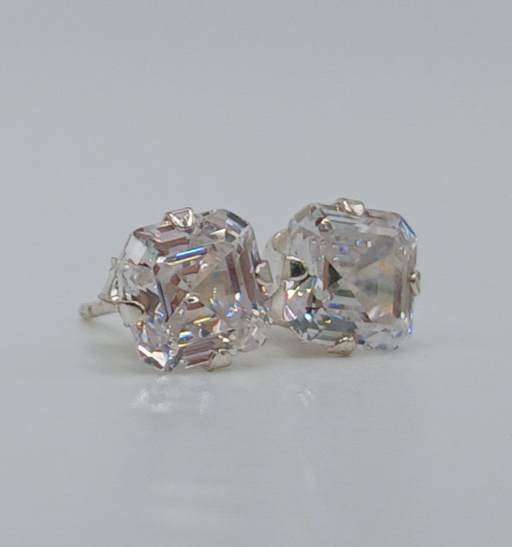 VTG 925 STS Square 6mm CZ Stud Earrings Sterling Silver 1g Asscher Cut Estate