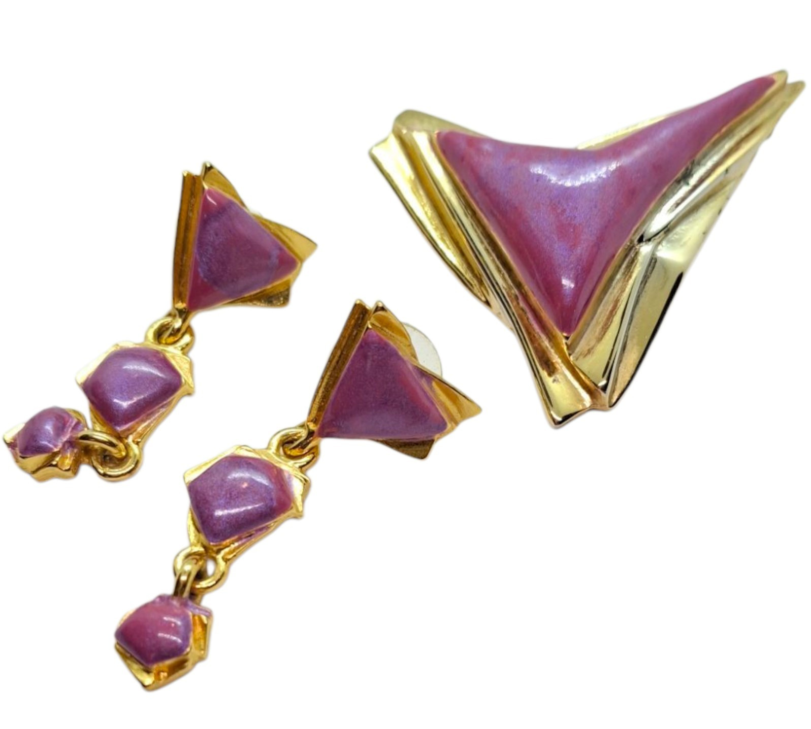 Vtg Enamel Brooch Pierced Earring Set Geo Mod Statement Retro Atomic