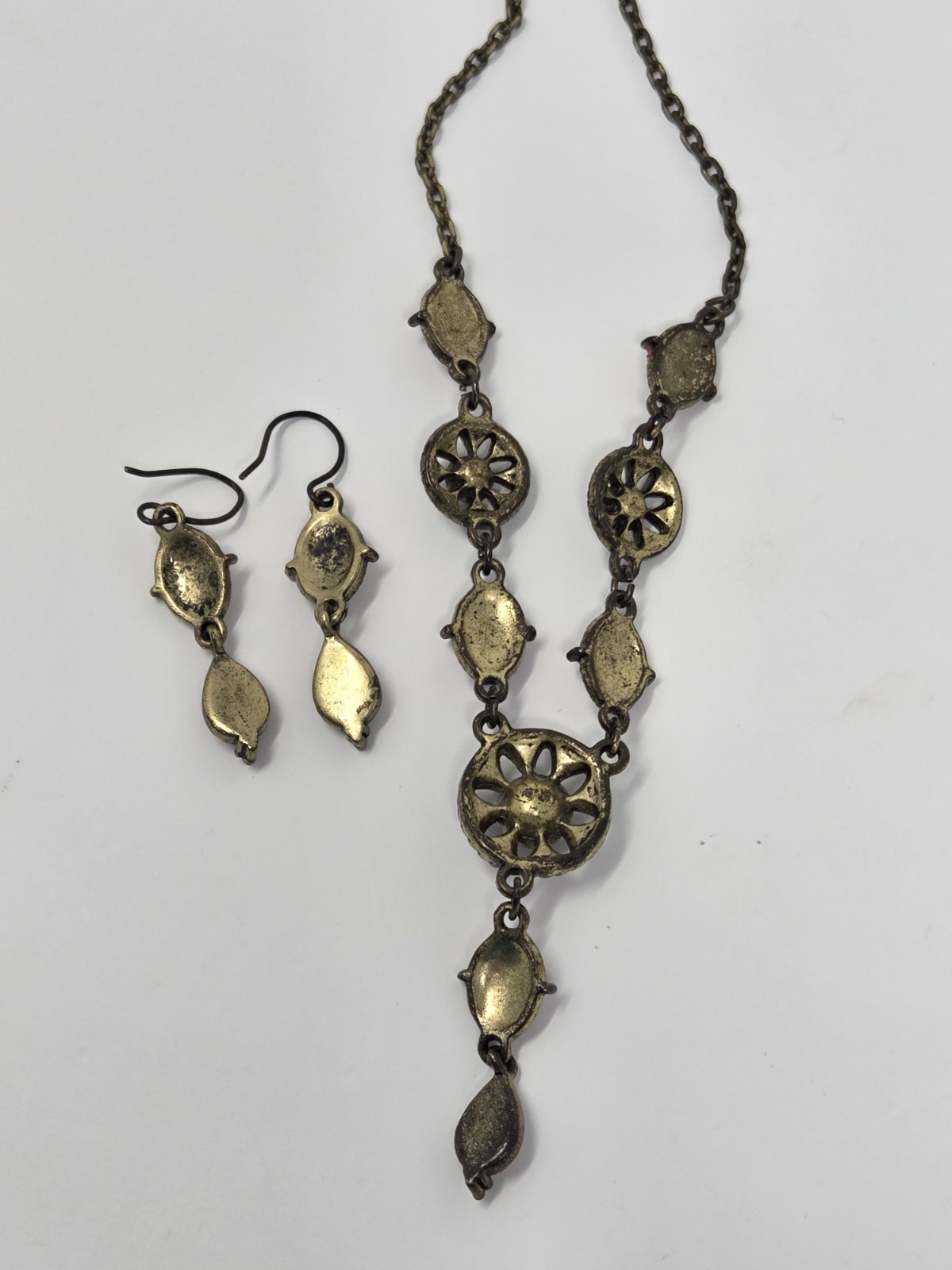 Orange Pink Yellow Y-Drop Necklace & Earring Set Rhinestones Enamel Bronze Tone