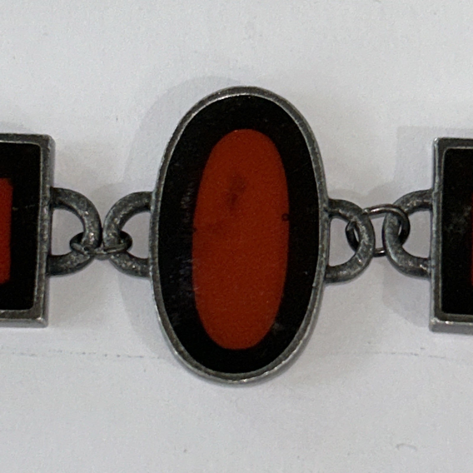 Vintage Bracelet Red Art Glass Retro Era Rectangle Silver Tone