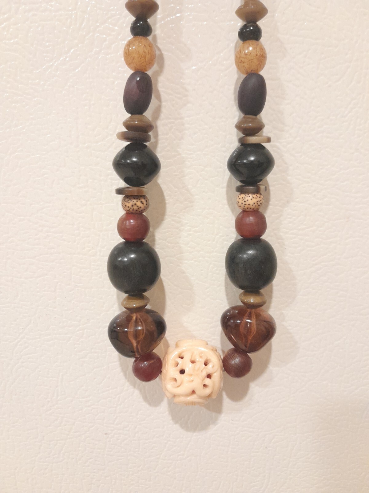 Vintage Teresa Goodall necklace signed ~multiple beads one carved bead Artisan