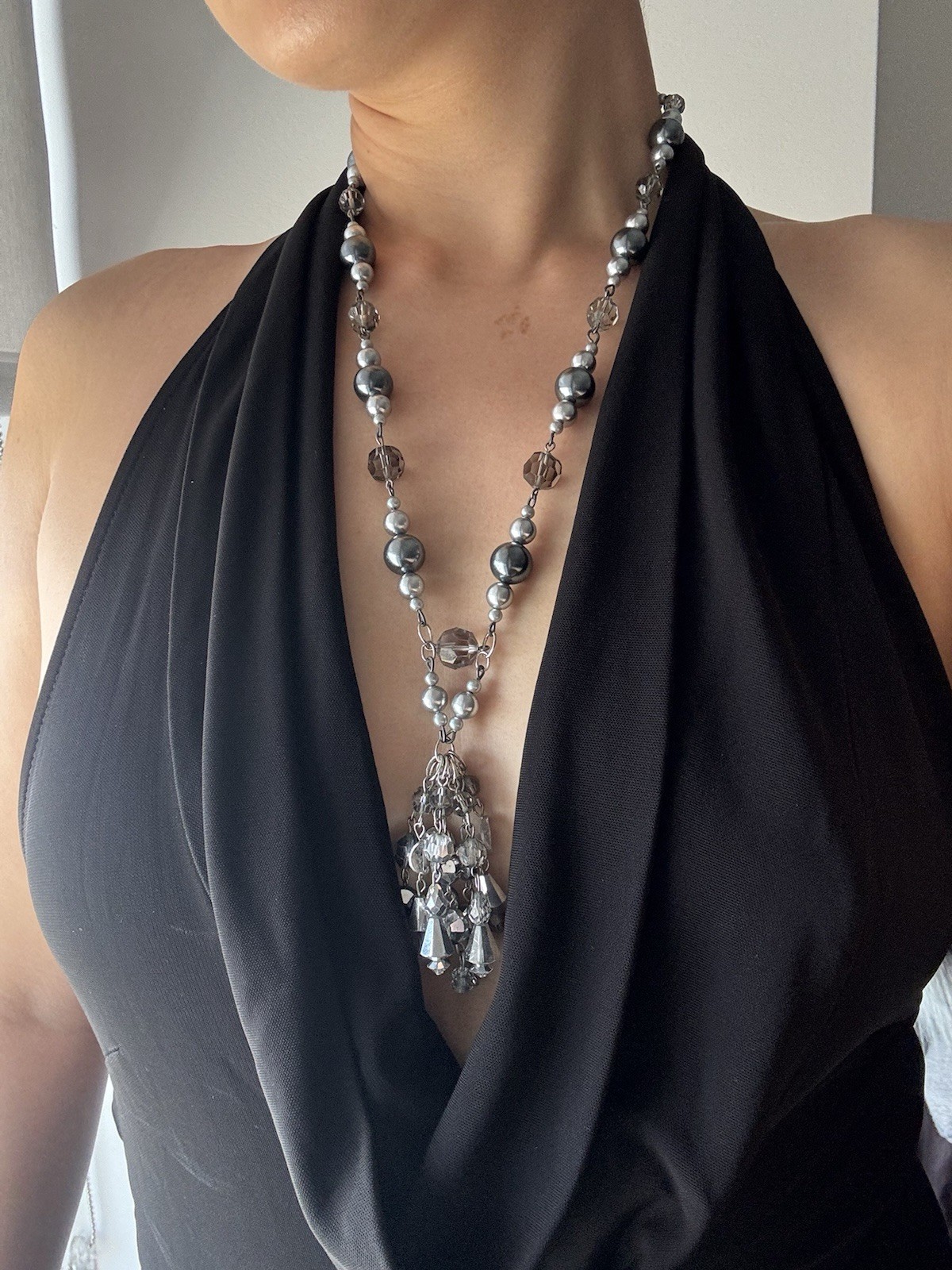 Vintage Silver Tone Beaded Tassel Necklace Gray Crystal Statement Pendant