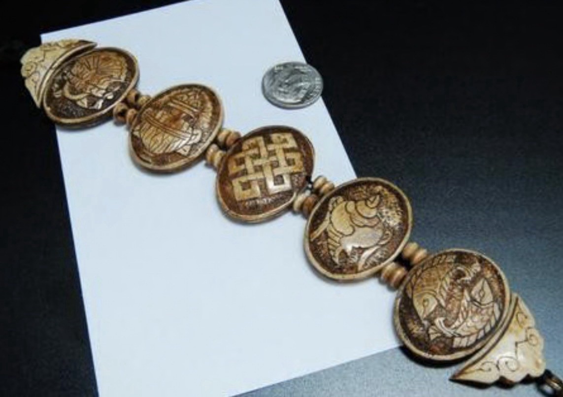 VTG Egyptian Theme Hand Carved Yak Bone Bracelet 5 Symbols/Tibetan Artisans Made