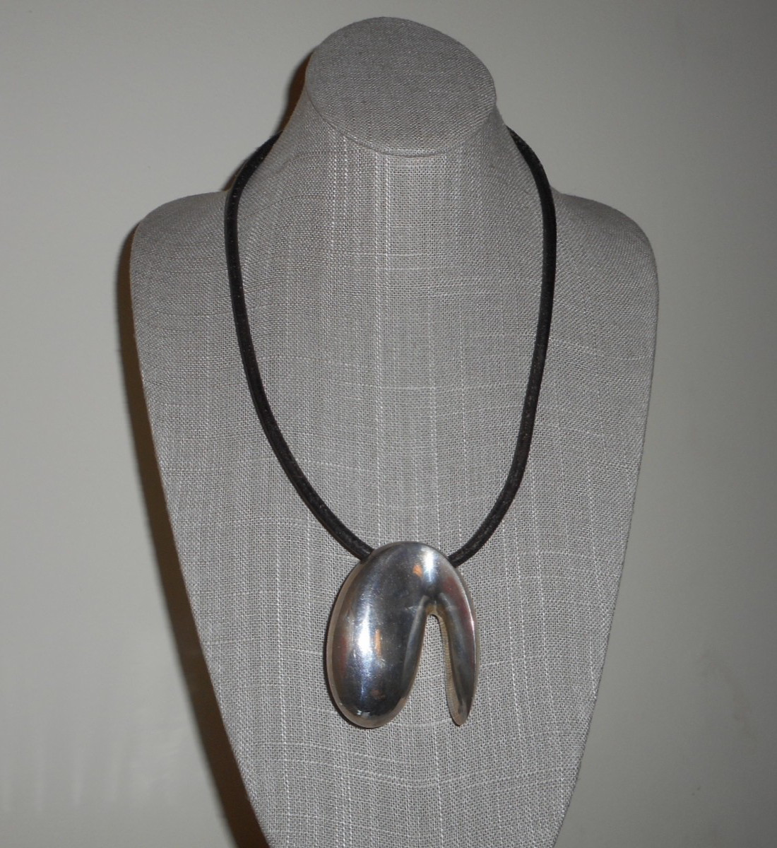 Large Modernist Sterling Organic Abstract Sculptural Pendant on Leather Cord 21″
