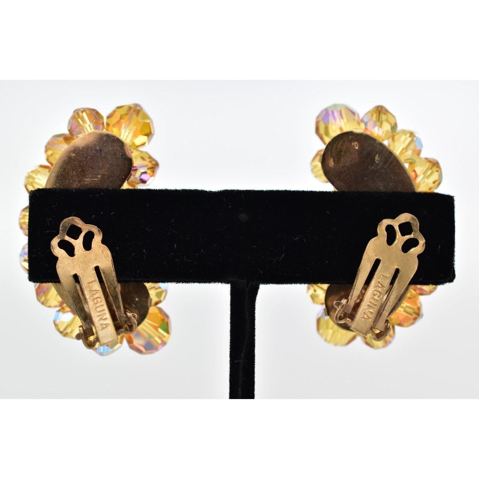Laguna Vintage Clip On Crystal Earrings Citrine Climber Glam Signed 1950s A24