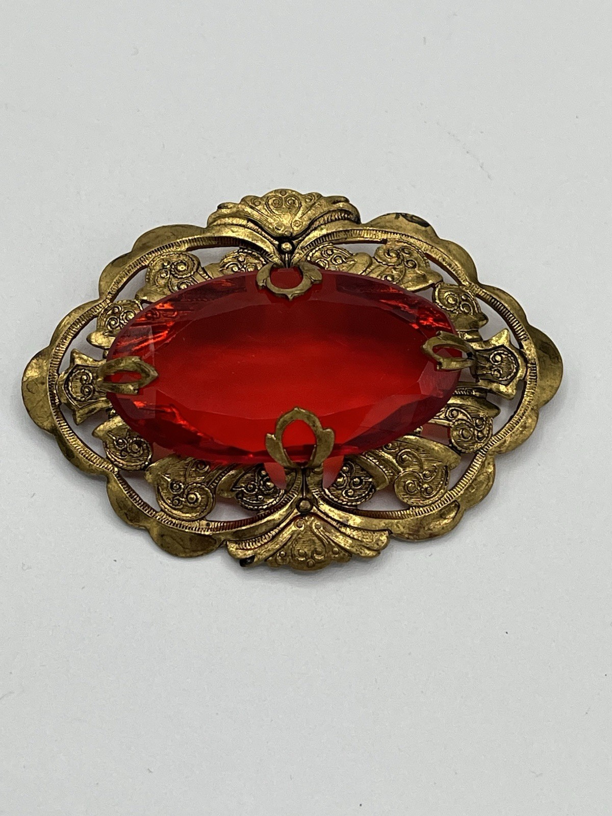 Vintage Large Red Glass Ornamental Brass Setting Brooch Missing Pin READ