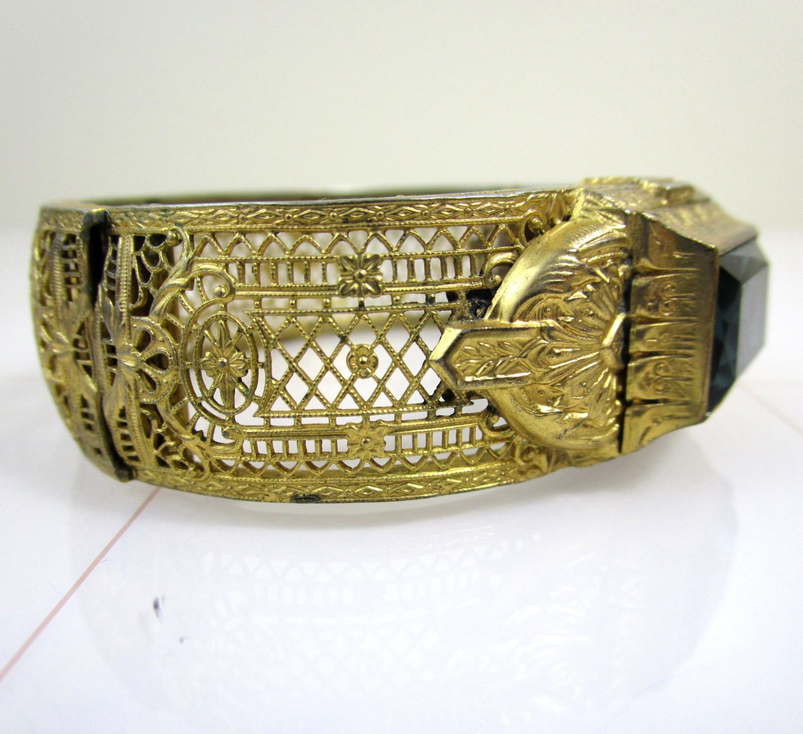 Antique Art Deco Gold Plated Filigree Bangle Bracelet Blue Stone ENW Elgin Watch