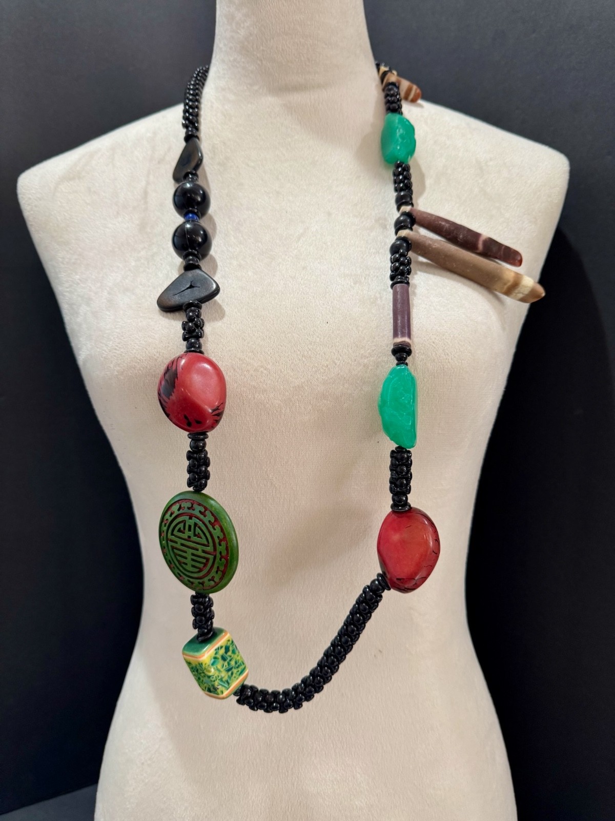 Lot of 3 Vintage Asian Style Pendant Necklaces Cloisonne Jade Look Cinnabar Styl