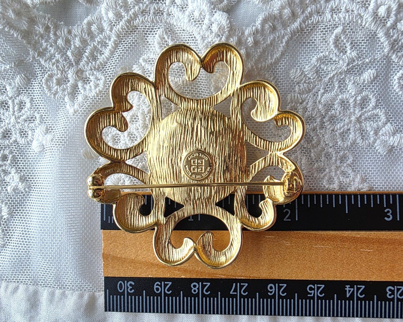 Vintage Signed Givenchy Brooch Pin Faux Pearl Open Work Gold Tone 2″