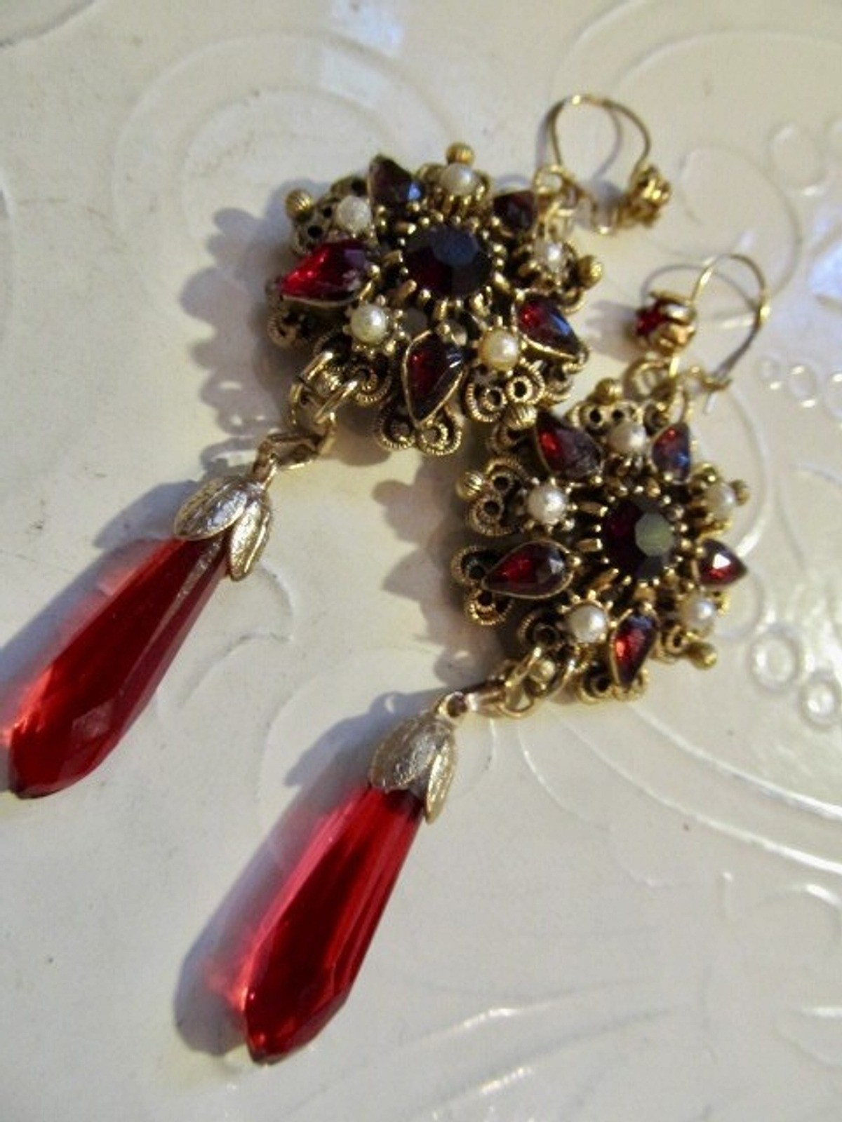 VtG FLORENZA Faux Garnets & Pearl Necklace Pin/Pendant and Bracelet SET Restored