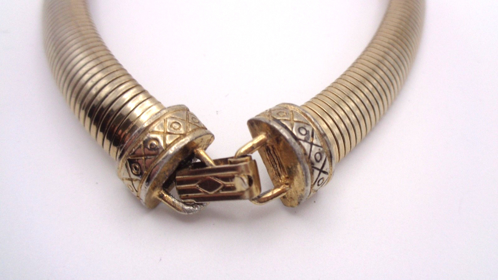 Fabulous Vintage Gold Tone Omega Double Rhinestone Snake Head Necklace
