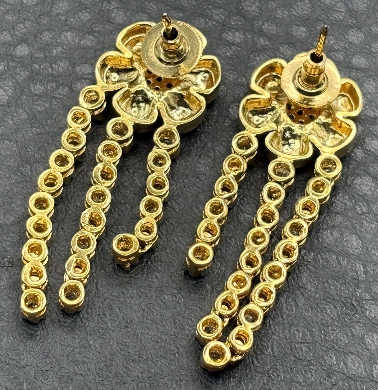 Gorgeous Cubic Zirconia Flower Gold Plated Chandelier Drop Pierced Earrings