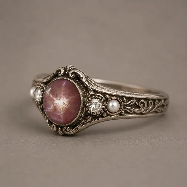 Natural Star Ruby Ring 925 Sterling Silver Vintage Filigree Statement