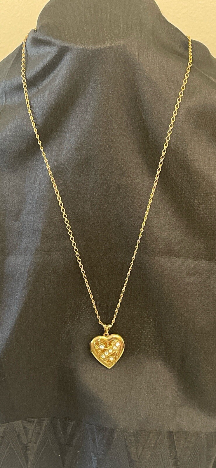 Signed1928-14k Gold Dipped Necklace W Heart Shaped Gold N Clear Crystals Locket