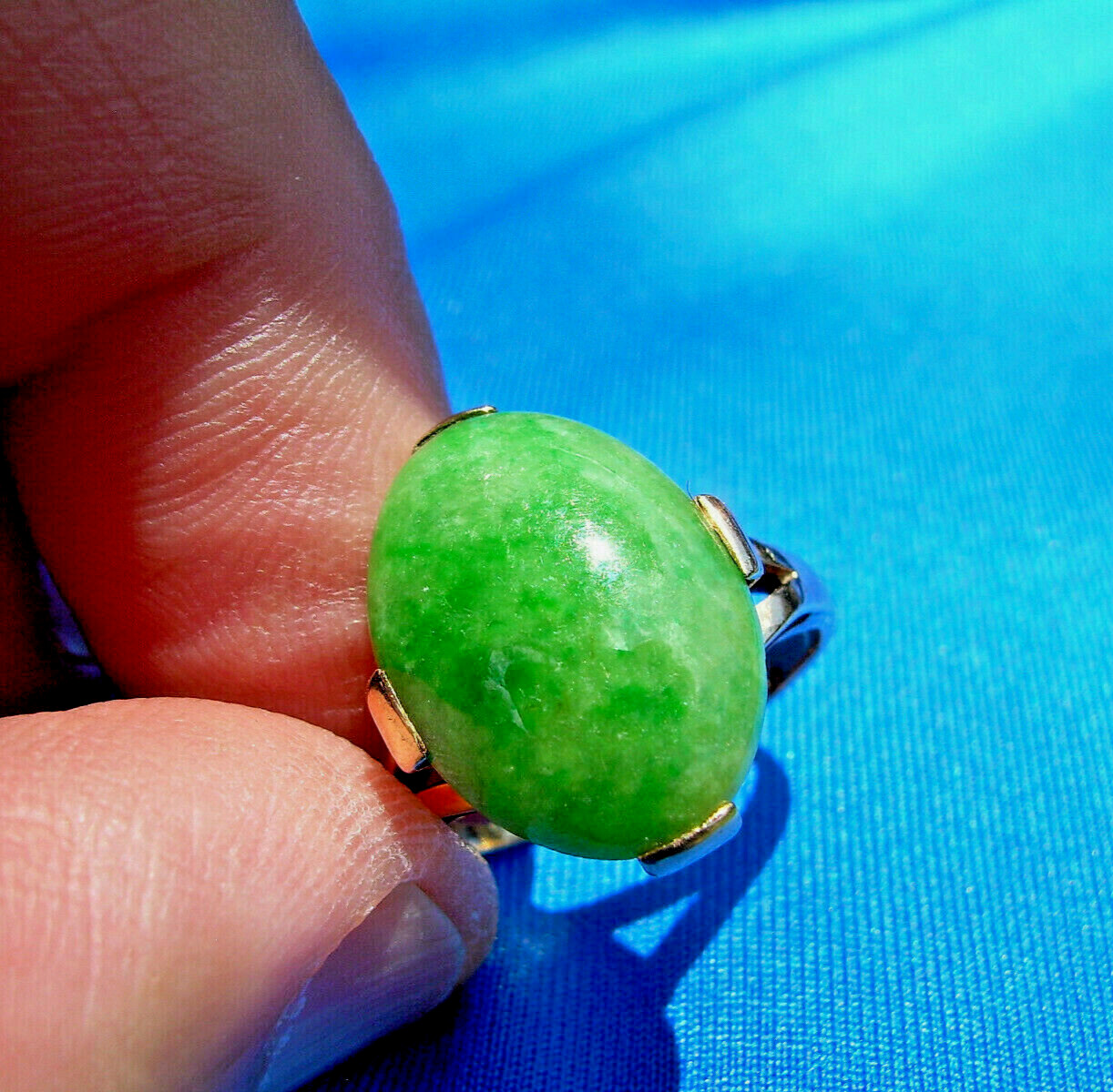 Original EARTH MINED Green Jadeite JADE Deco Engagement Ring 14K GOLD Solitaire