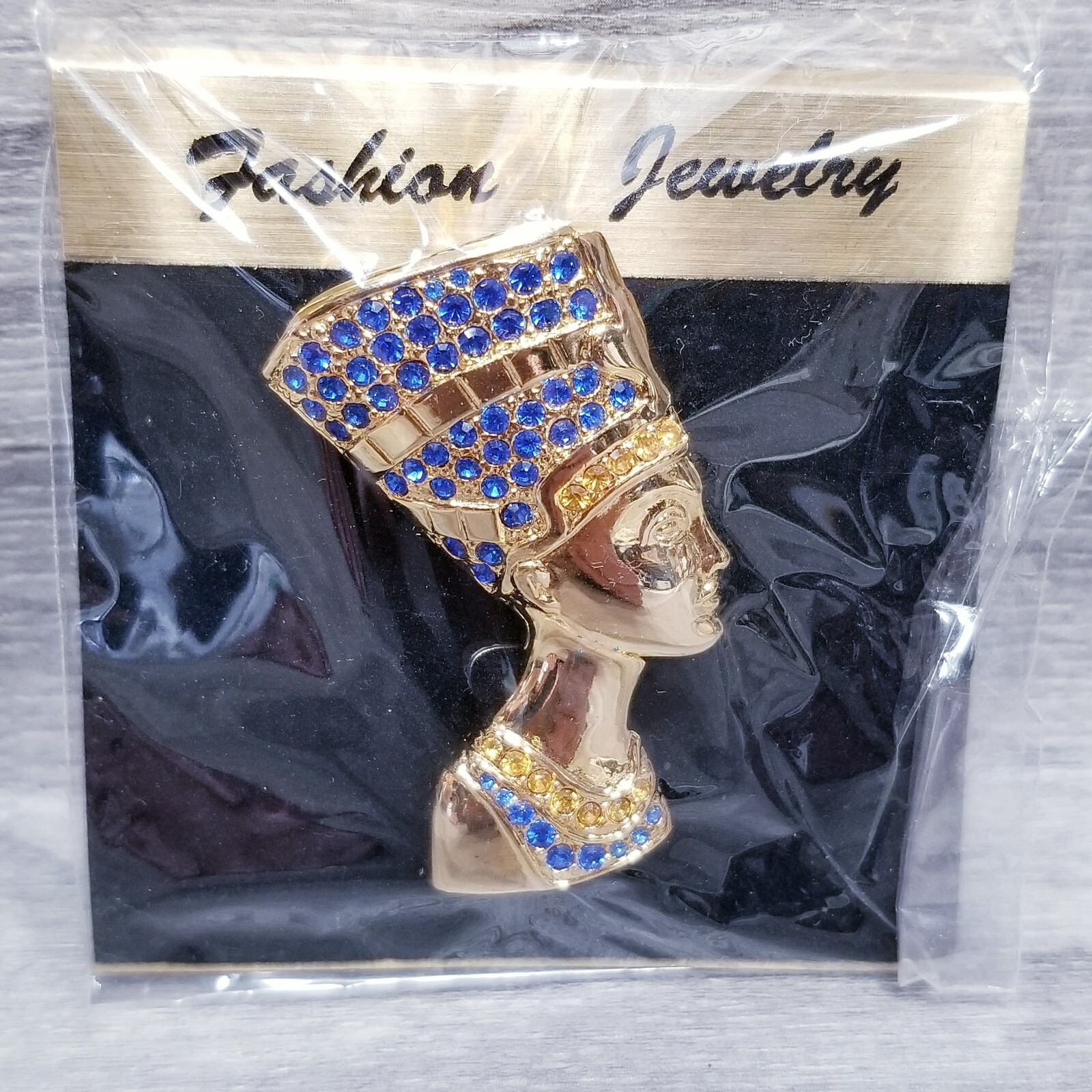 2X Nefertiti Queen Egypt Pin Brooch Gold Tone Blue White Rhinestone Jewelry