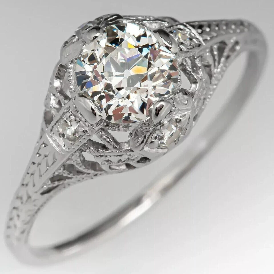 Art Deco Vintage Style Round Lab Created Diamond Wedding Ring 14K White Gold FN
