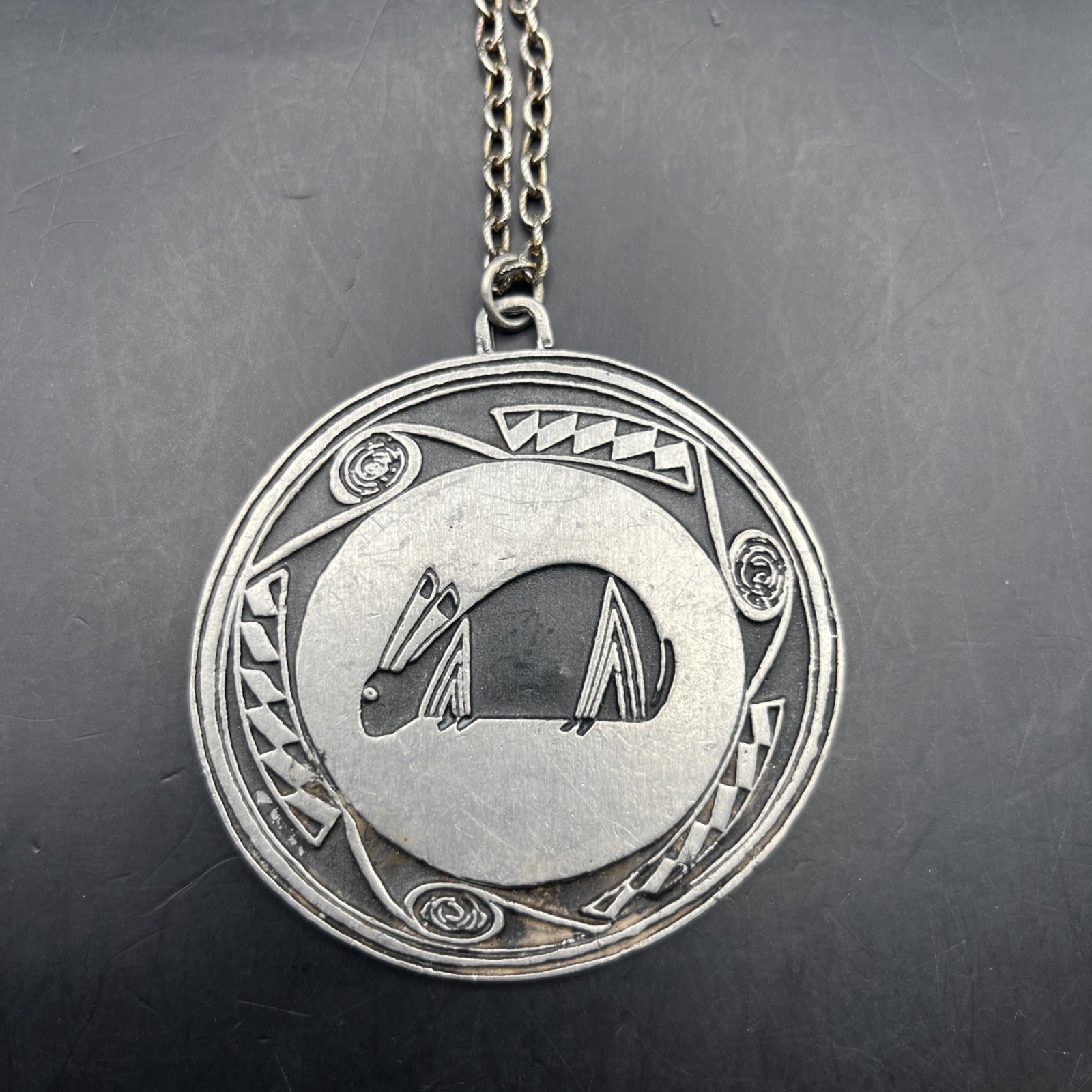 Rabbit Pendant Necklace Silver Tone Large Round Mimbres ? Vintage