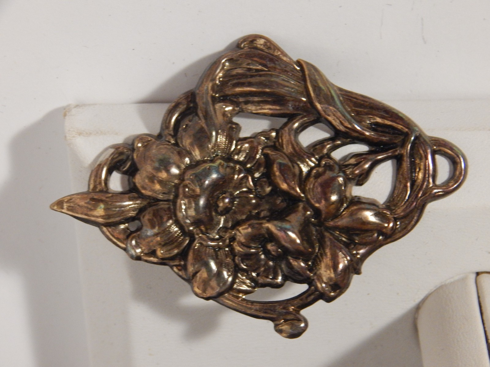 Vintage Bronze Color Orchid Flower Alfred Mucha Stile? Sash Brooch Pin 2.75″ L