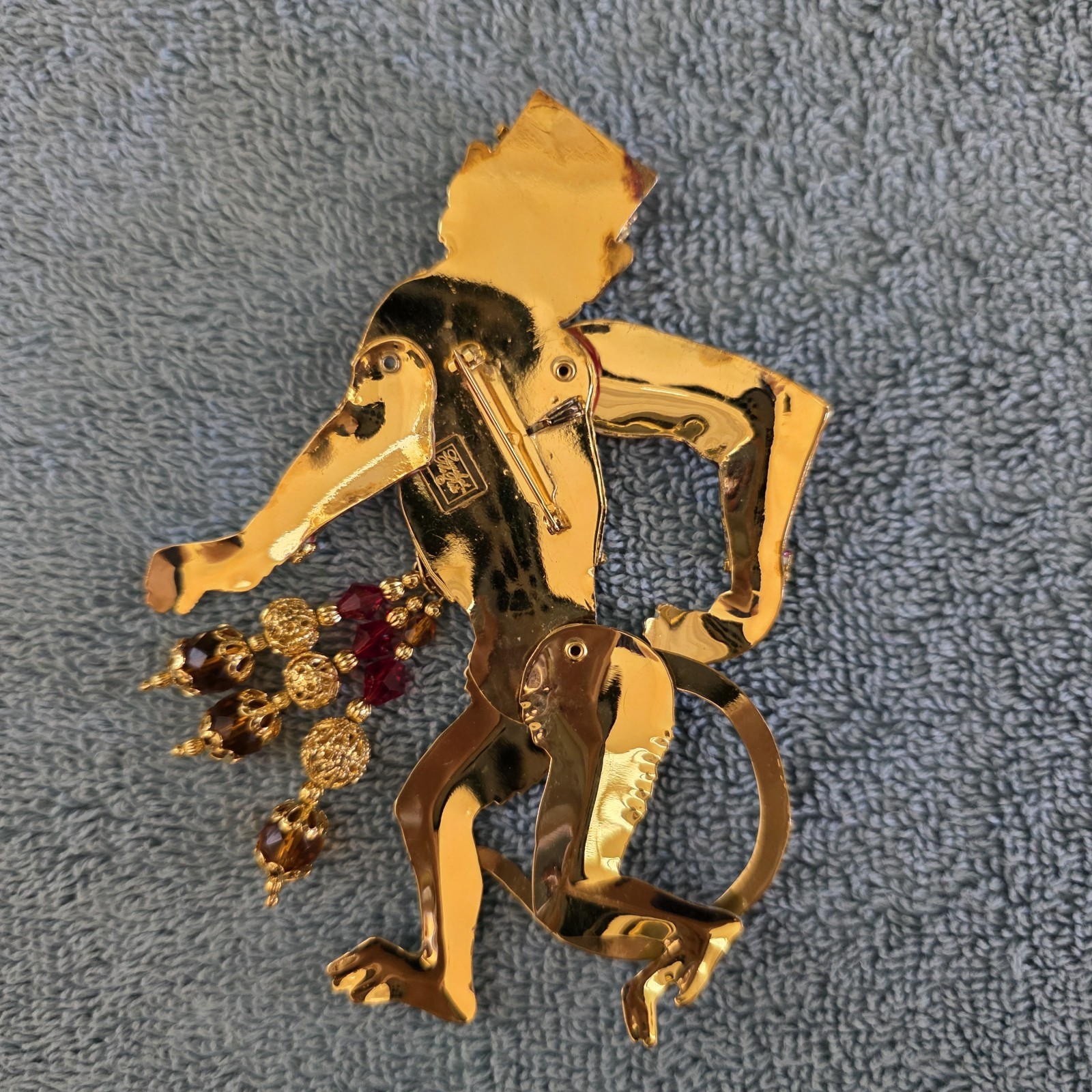 Vintage RARE Lunch At The Ritz Articulating Monkey Grinder Enamel Crystal Brooch