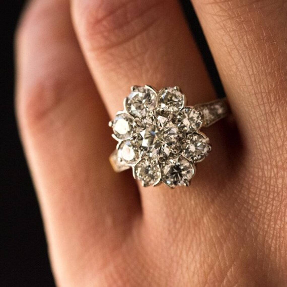 2.09Ct Round Cut Moissanite Cluster Set Halo Floral Look Ring in Solid 14KT Gold