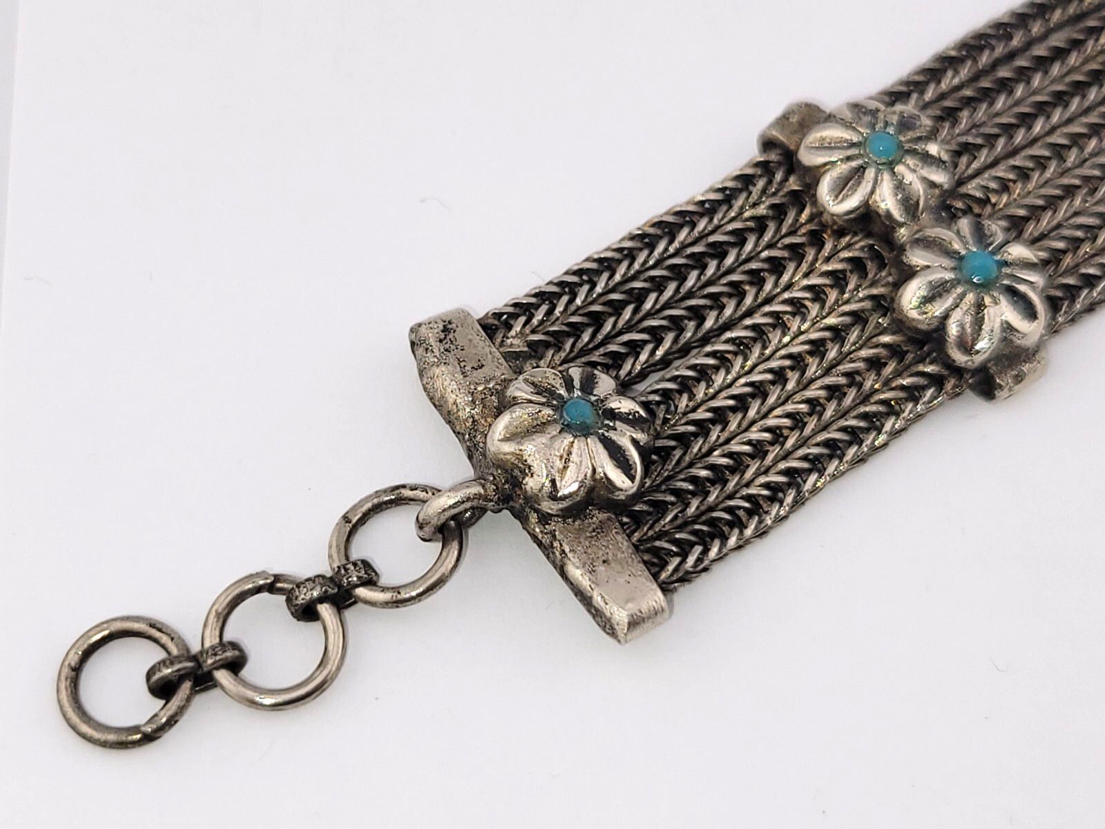 Vintage 7 Strand Snake Chain Turquoise Glass Flower Southwestern Bracelet 7-8.5″