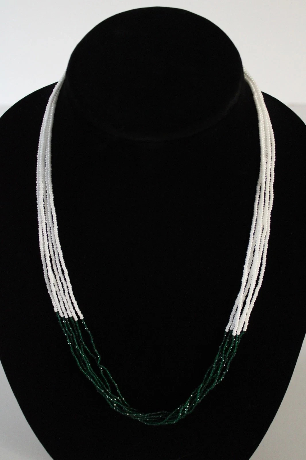 Green White 24″ 6 Strand Tiny Seed Bead Beaded Shimmering Necklace Handmade