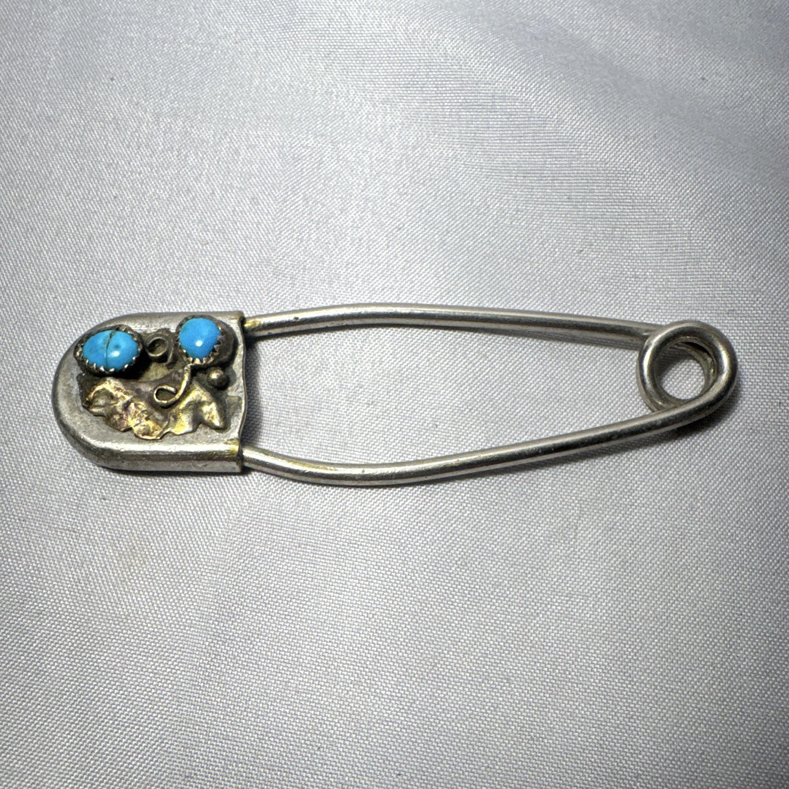 Silver Tone Safety Pin Pin w/ 2 Round Blue Stones 3.5 in Unisex Adults